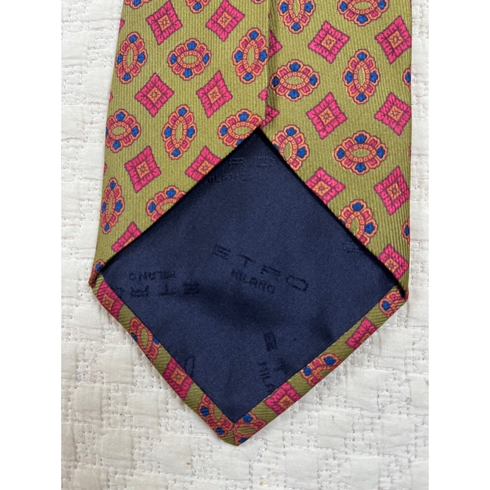 Etro Jacquard Silk Tie NWT Retro 1970s | Green Red Blue | 54"L 4"W - Picture 4 of 7